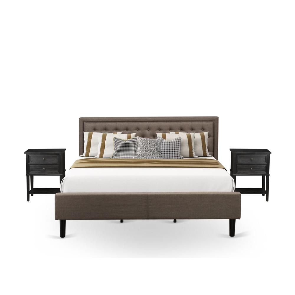 KD18K-2VL06 3 Pc King Bedroom Set - Bed Frame Brown Headboard with 2 Modern Nightstand - Black Finish Legs. Picture 1