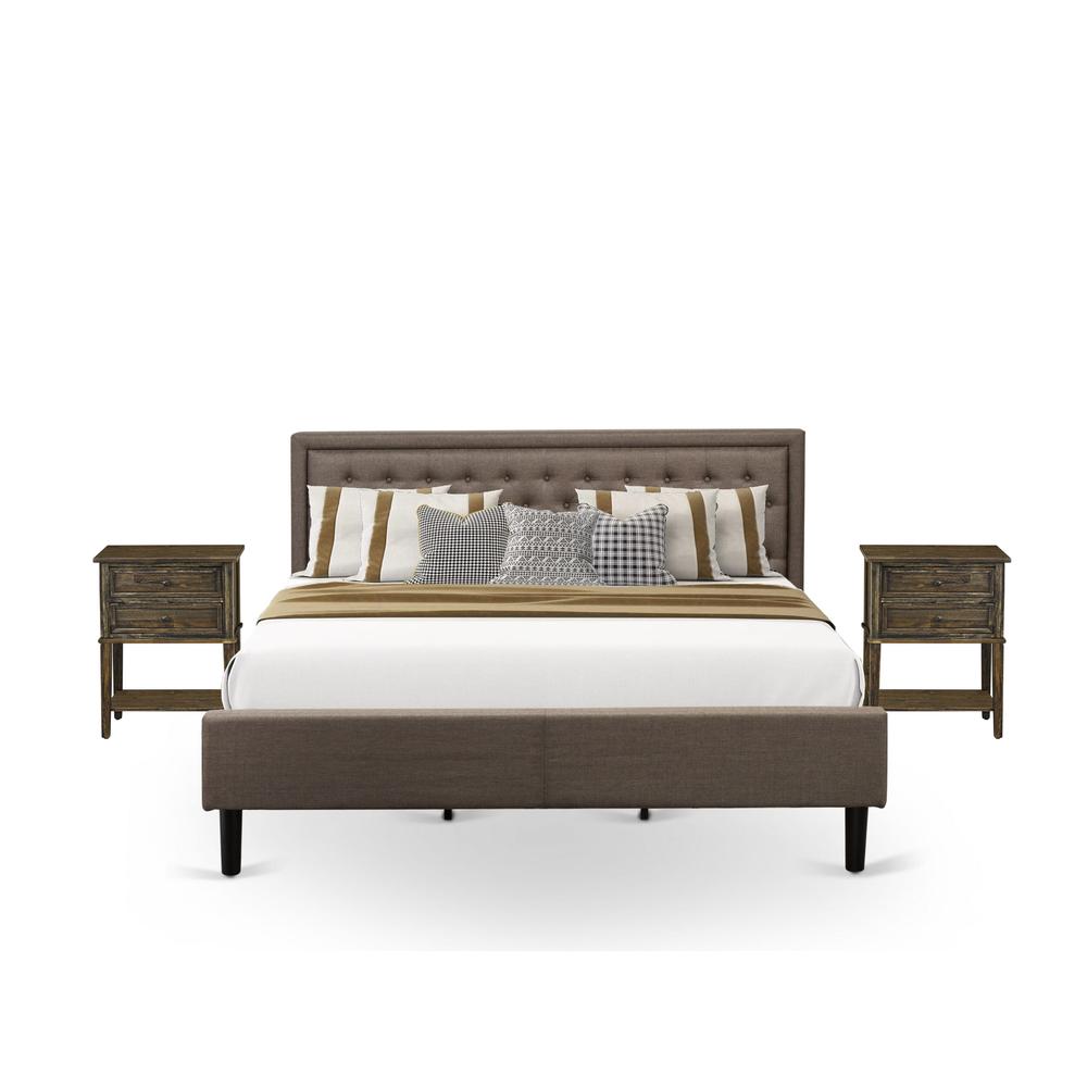 KD18K-2VL07 3 Pc Bed Set - King Size Platform Bed Brown Headboard with 2 Night Stand - Black Finish Legs. Picture 1