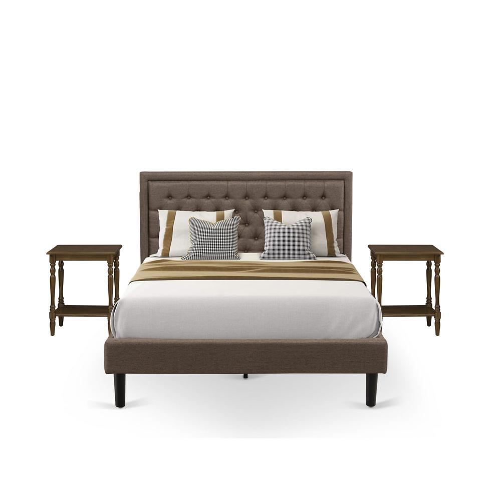 KD18Q-2BF08 3 Pc Bed Set - Platform Bed Brown Headboard with 2 Mid Century Nightstand - Black Finish Legs. Picture 1