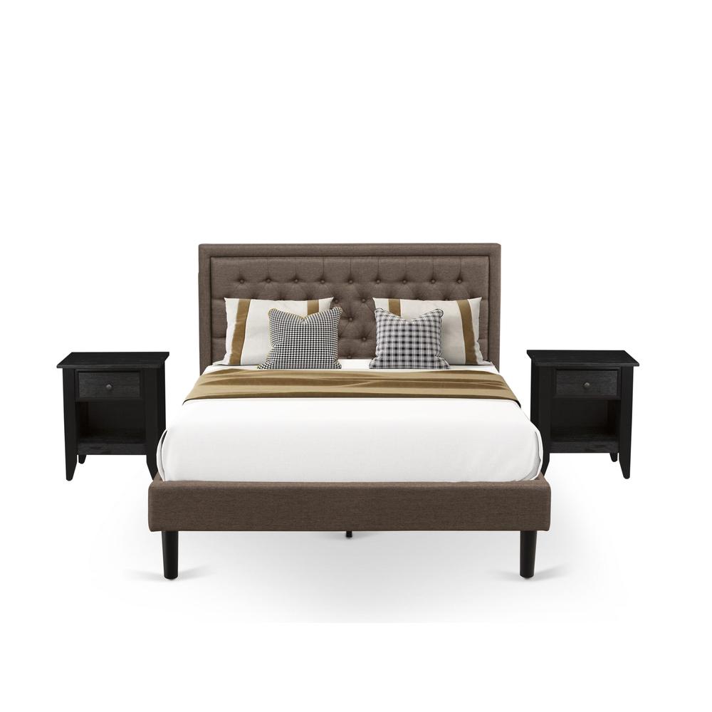 KD18Q-2GA06 3 Pc Queen Bed Set - Queen Size Bed Frame Brown Headboard with 2 Night Stands - Black Finish Legs. Picture 1