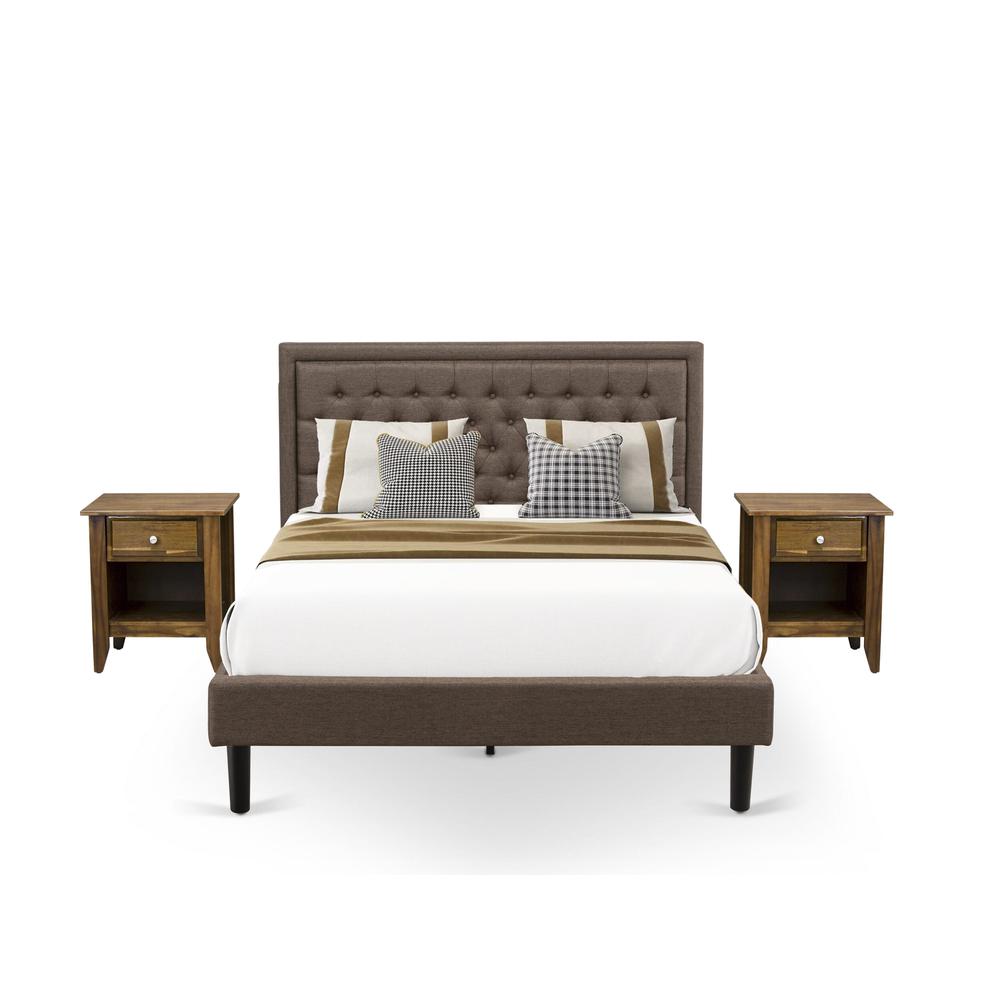 KD18Q-2GA08 3 Pc Queen Bed Set - Queen Bed Frame Brown Headboard with 2 Small Night Stand - Black Finish Legs. Picture 1