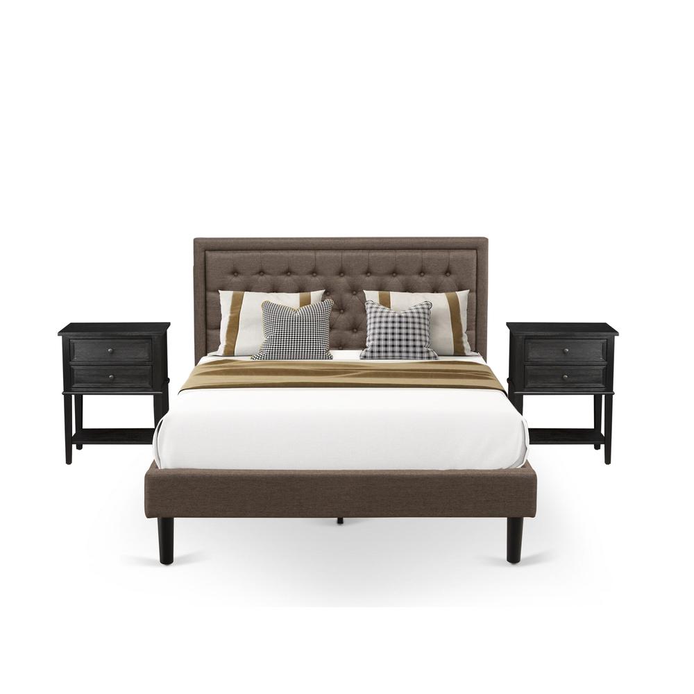 KD18Q-2VL06 3 Piece Bed Set - Platform Bed Frame Brown Headboard with 2 Small Nightstand - Black Finish Legs. Picture 1