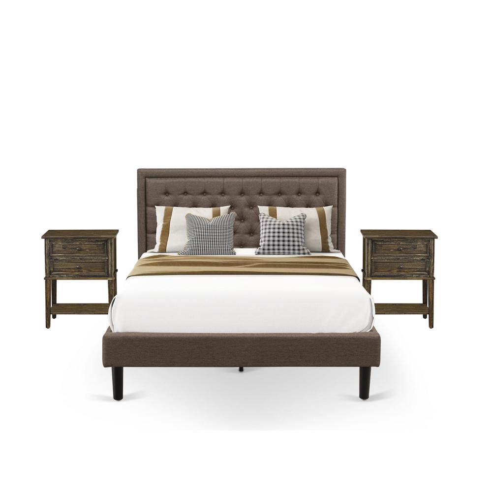 KD18Q-2VL07 3 Piece Queen Size Bed Set - Bed Frame Brown Headboard with 2 Small Nightstand - Black Finish Legs. Picture 1