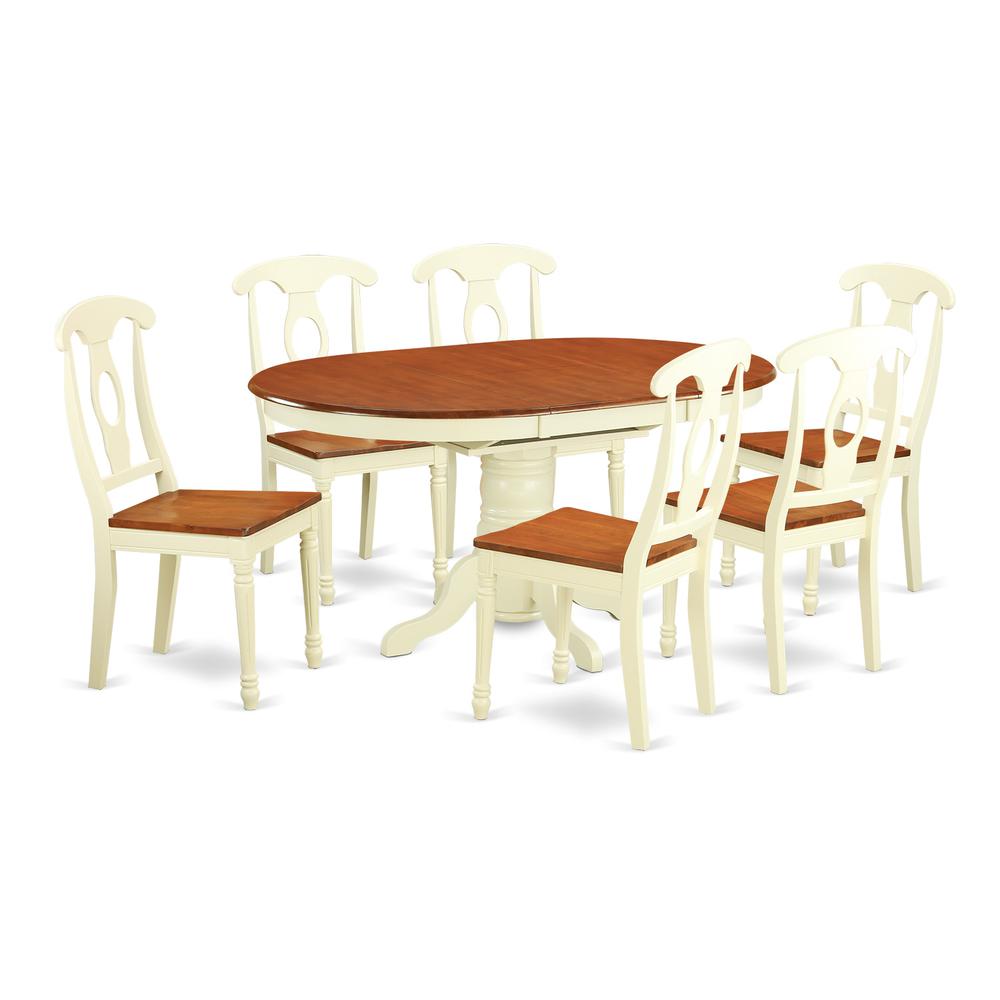 East West Furniture KENL7-WHI-W 7 Piece Modern Dining Table Set Consist of an Oval Wooden Table with Butterfly Leaf and 6 Kitchen Dining Chairs, 42x60 Inch, Buttermilk & Cherry. Picture 1