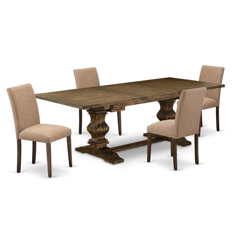 East West Furniture LAAB5-77-47 5Pc Kitchen Table Sets Consists of a Wood Dining Table and 4 Parson Chairs with Light Sable Color Linen Fabric, Medium Size Table with Full Back Chairs, Distressed Jaco. Picture 1