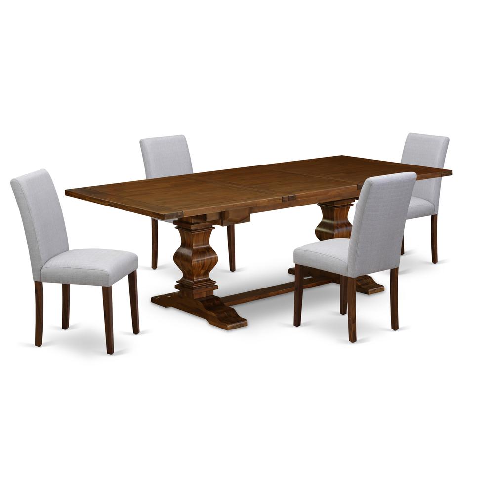 East West Furniture LAAB5-88-05 5Pc Kitchen Set Includes a Rectangle Table and 4 Parsons Dining Room Chairs with Grey Color Linen Fabric, Medium Size Table with Full Back Chairs, Antique Walnut Finish. Picture 1