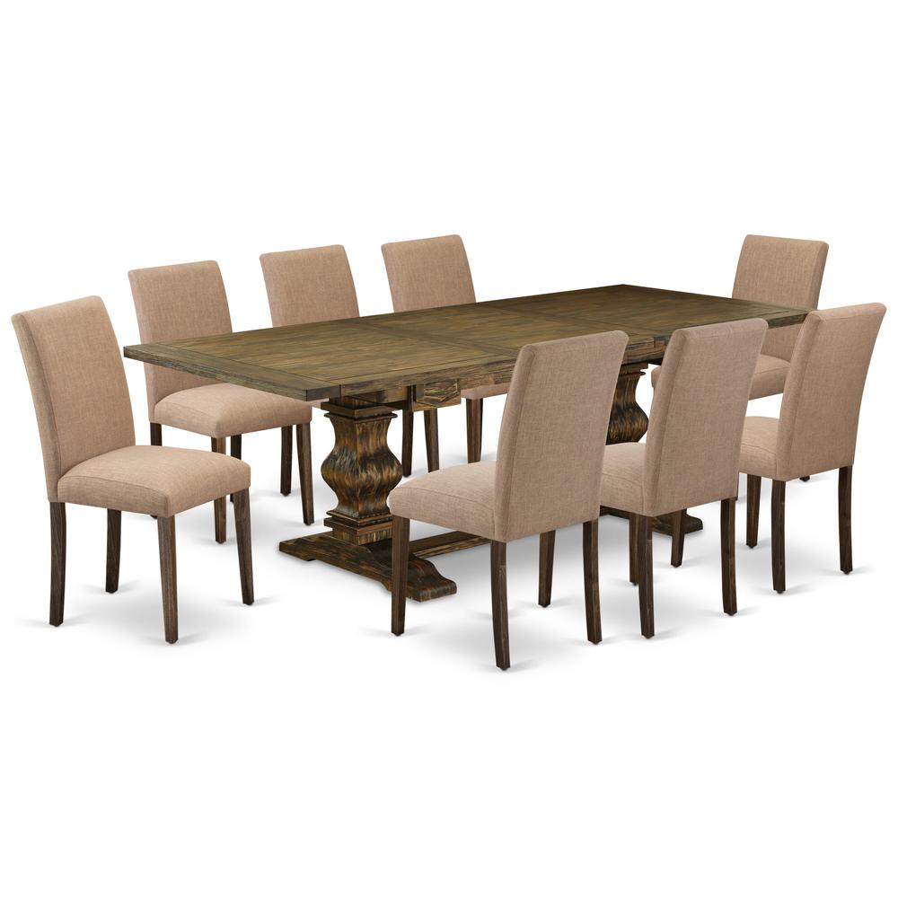 East West Furniture 7-Piece Mid Century Modern Dining Table Set-A Kitchen Table and 6Linen FabricDining Room Chairs with High Back - Distressed Jacobean Finish. Picture 1