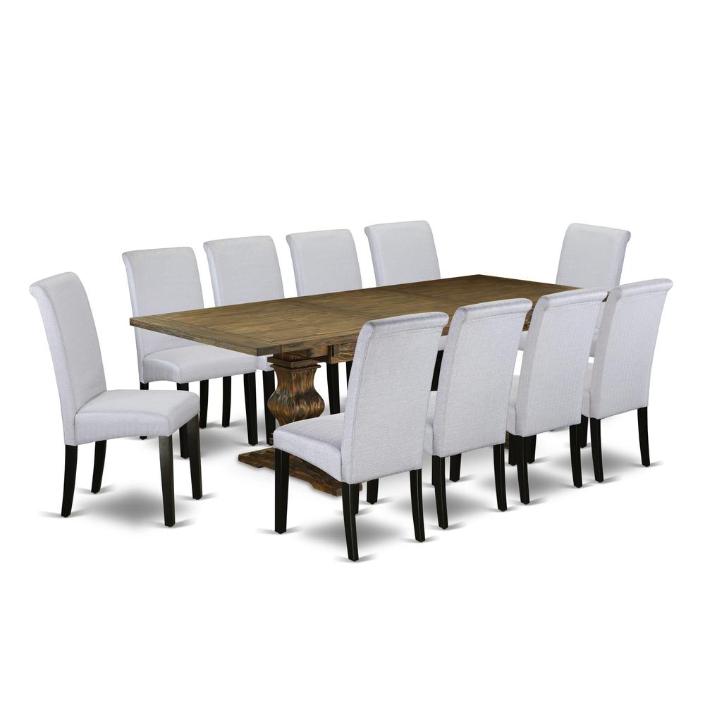 East West Furniture 11-Piece Dining Room Set Consists of a Rectangular Dining Table and 10 Grey Linen Fabric Padded Chairs with High Back - Distressed Jacobean Finish. Picture 1