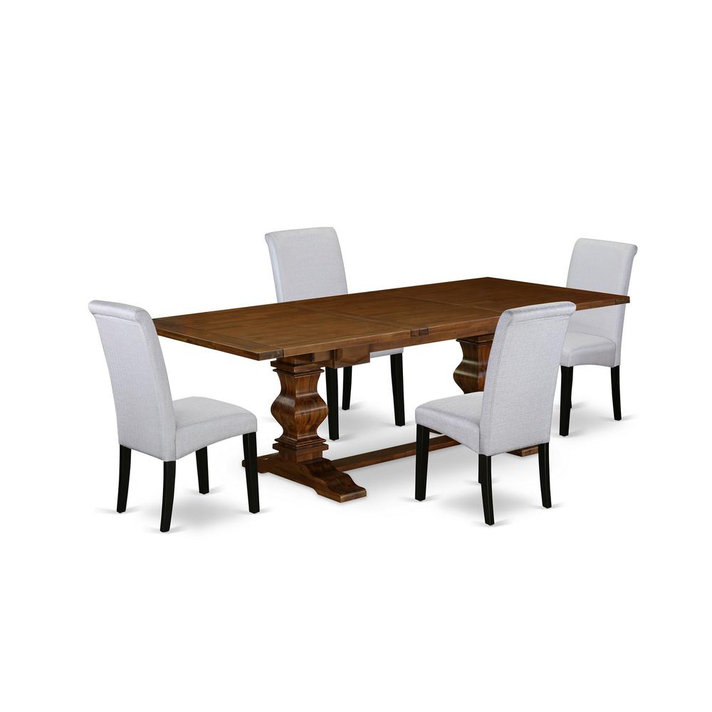 5 Piece Kitchen Table Set for 4 Includes a Rectangle Removable Leaf Dining Table and 4 Grey Linen Fabric Upholstered Chairs, 42x92 Inch, Walnut. Picture 1