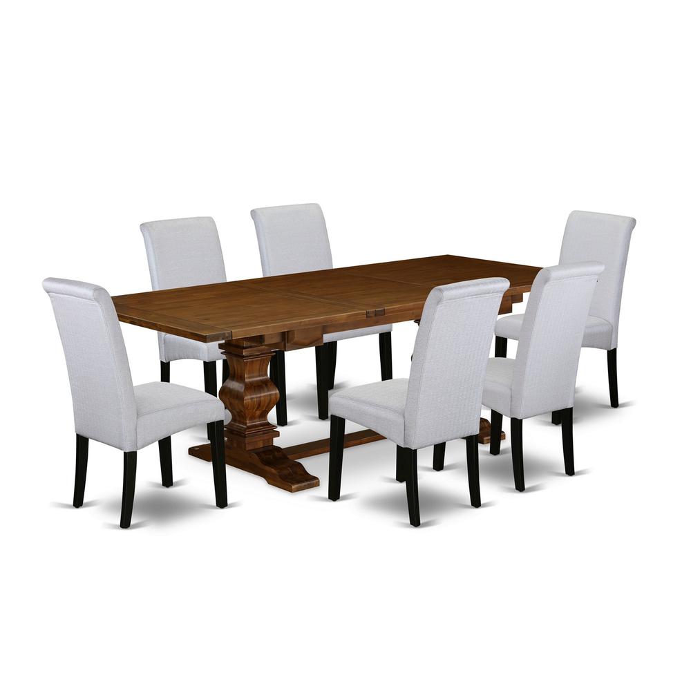 Lassale 7 Piece Set Consist of a Rectangle Kitchen Table with Removable Leaf and 6 Grey Linen Fabric Parson Dining Chairs, 42x92 Inch, LABA7-81-05. Picture 1