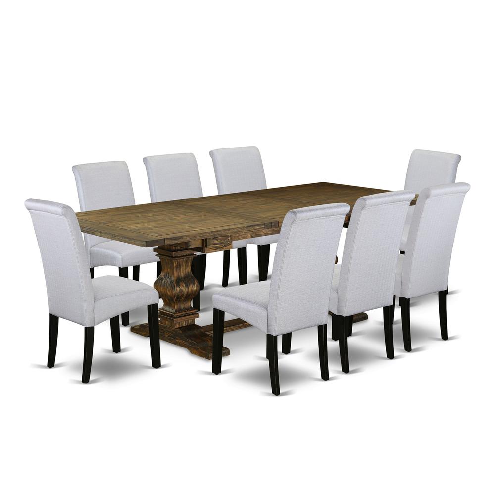 East West Furniture Lassale 9 Piece Set Includes a Rectangle Dining Room Table with Removable Leaf and 8 Grey Linen Fabric Upholstered Chairs, 42x92 Inch. Picture 1