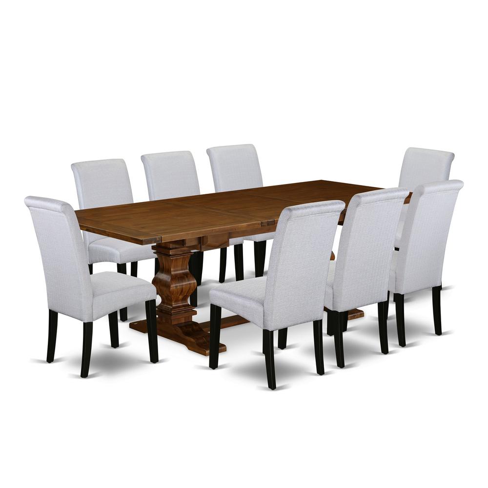 East West Furniture Lassale 9 Piece Modern Dining Set Includes a Rectangle Wooden Table with Removable Leaf and 8 Grey Linen Fabric Upholstered Chairs, 42x92 Inch. Picture 1