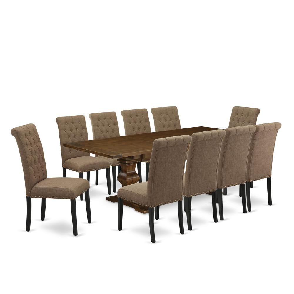 East West Furniture 11-Pieces Table Set - A Butterfly Leaf Double Pedestal Wooden Table and 10 Light Sable Linen Fabric Dining Chair with Button Tufted Back - Antique Walnut Finish. Picture 1