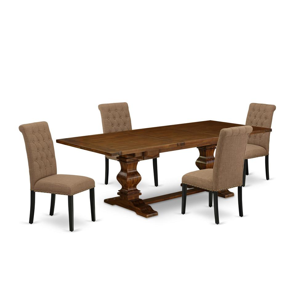 East West Furniture LABR5-81-17 5 Piece Kitchen Table & Chairs Set Includes a Rectangle Removable Leaf Dining Table and 4 Light Sable Linen Fabric Parson Chairs, 42x92 Inch, Walnut. Picture 1