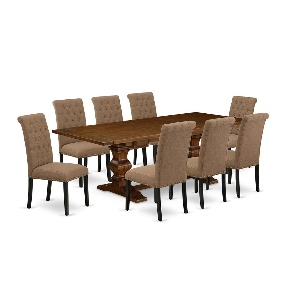 East West Furniture Lassale 9 Piece Set Includes a Rectangle Dining Room Table with Butterfly Leaf and 8 Light Sable Linen Fabric Upholstered Chairs, 42x92 Inch. Picture 1