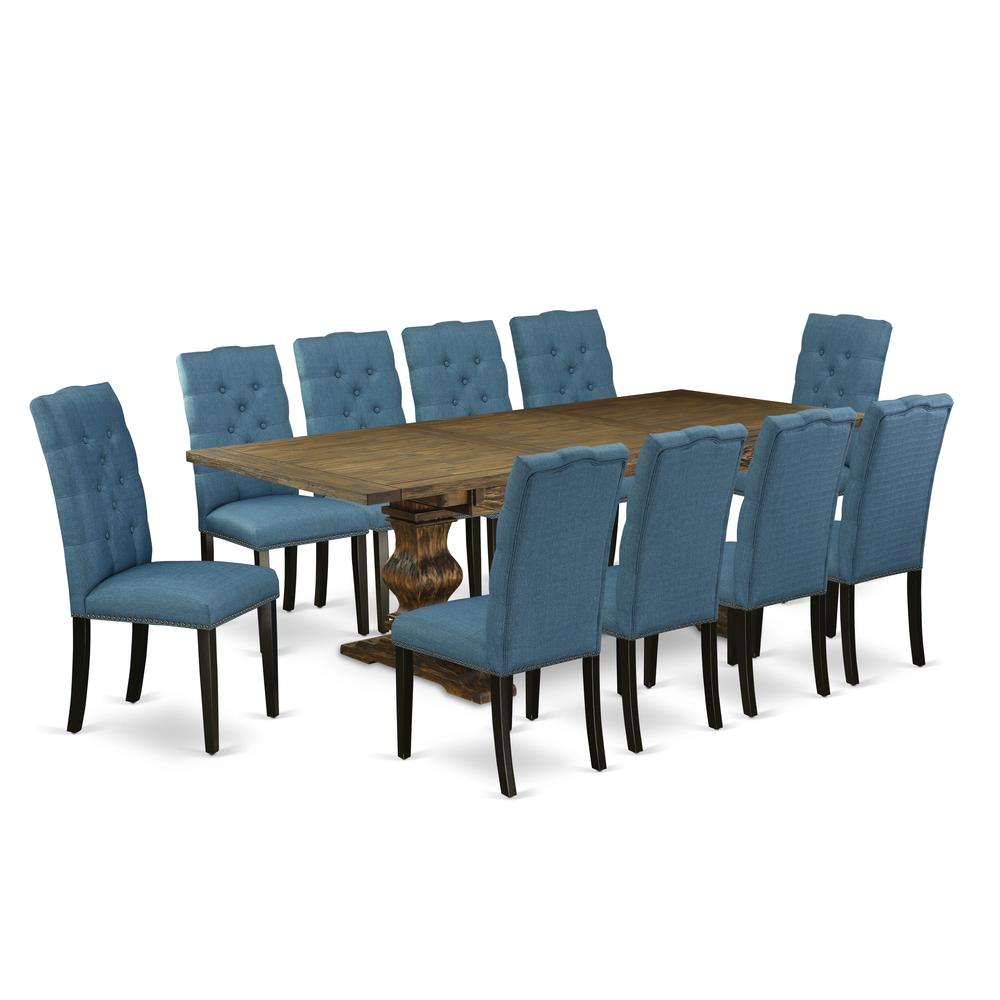East West Furniture 11-Piece Mid Century Modern Dining Set Contains a Dining Table and 10 Mineral Blue Linen Fabric Dining Chairs with Button Tufted Back - Distressed Jacobean Finish. Picture 1