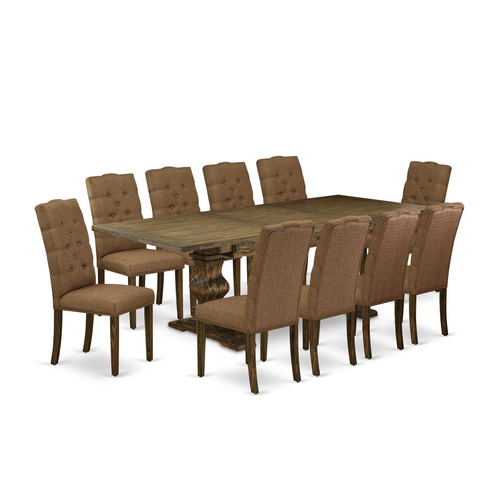 East West Furniture 11-Piece Dining Table Set Includes a Dining Room Table and 10 Brown Linen Fabric Upholstered Chairs with Button Tufted Back - Distressed Jacobean Finish. Picture 1