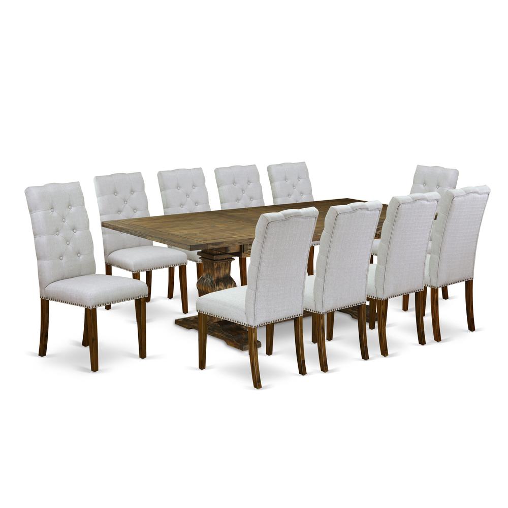 East West Furniture 11-Piece Dining Table Set Includes a Rectangular Dining Table and 10 Grey Linen Fabric Parson Chairs with Button Tufted Back - Distressed Jacobean Finish. Picture 1