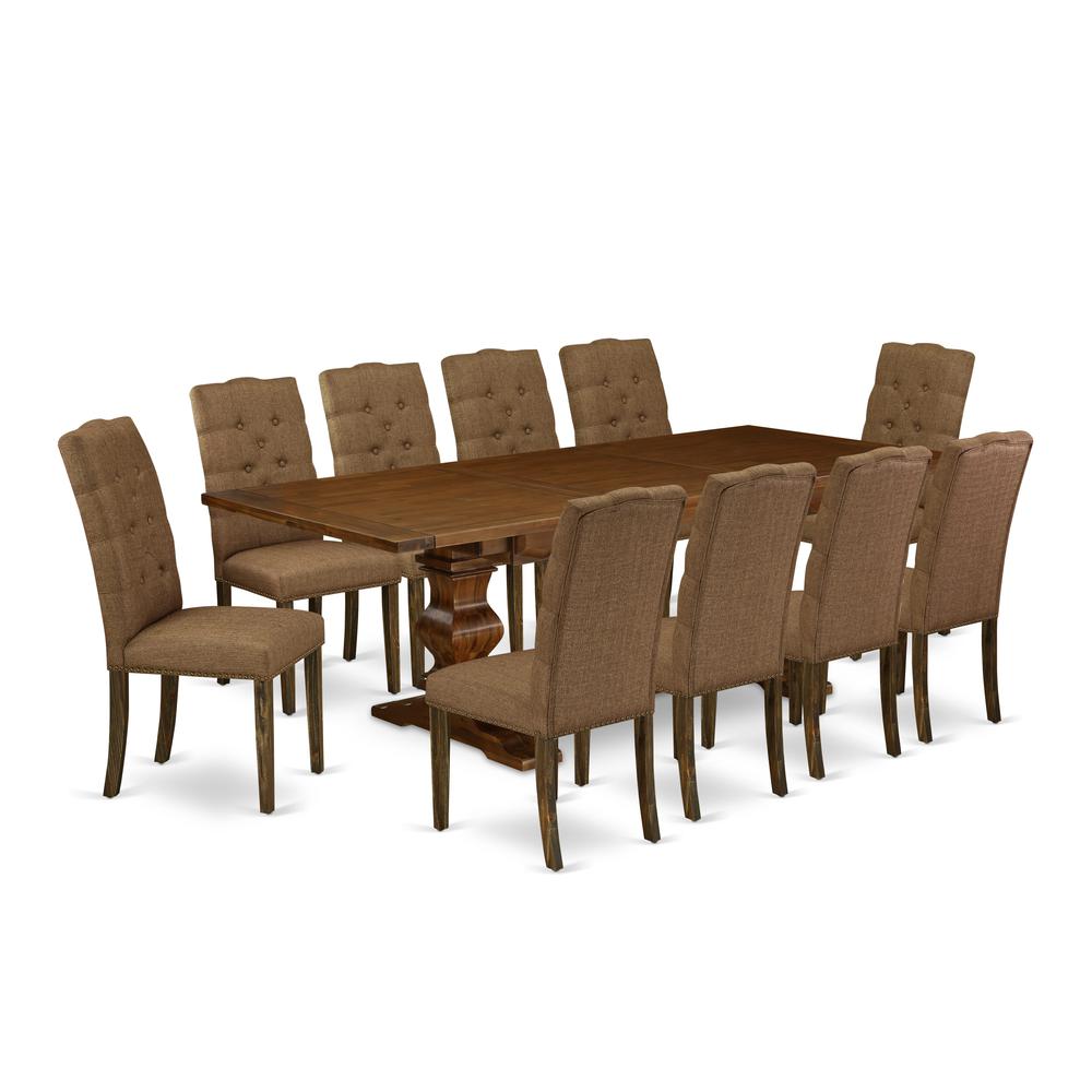 East West Furniture 11-Pc Dining Set - A Butterfly Leaf Double Pedestal Wooden Dining Table and 10 Brown Linen Fabric Dining Chairs with Button Tufted Back - Antique Walnut Finish. Picture 1