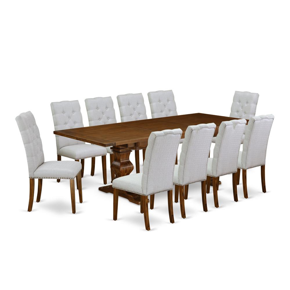 East West Furniture 11-Pieces Table Set - A Butterfly Leaf Double Pedestal Dining Table And 10 Grey Linen Fabric Dining Chairs With Button Tufted Back - Antique Walnut Finish. Picture 1