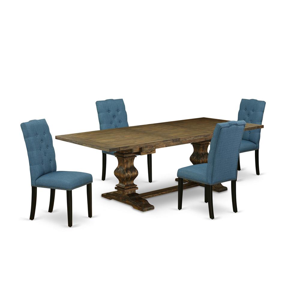 5 Piece Dining Room Table Set Includes a Rectangle Kitchen Table with Removable Leaf and 4 Blue Linen Fabric Parsons Dining Chairs, 42x92 Inch, Jacobean. Picture 1