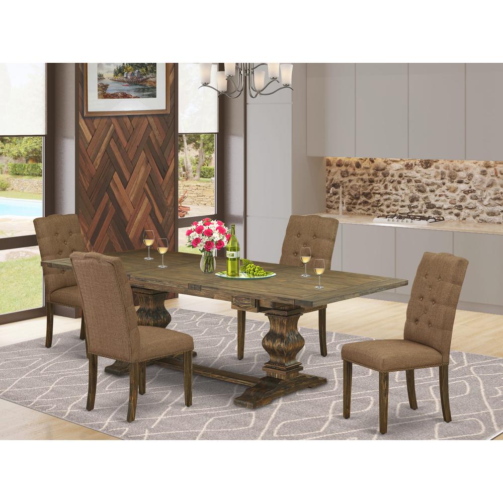East West Furniture LAEL5-77-18 5 Piece Dining Room Table Set Includes a Rectangle Removable Leaf Kitchen Table and 4 Brown Linen Linen Fabric Upholstered Chairs, 42x92 Inch, Jacobean. Picture 2