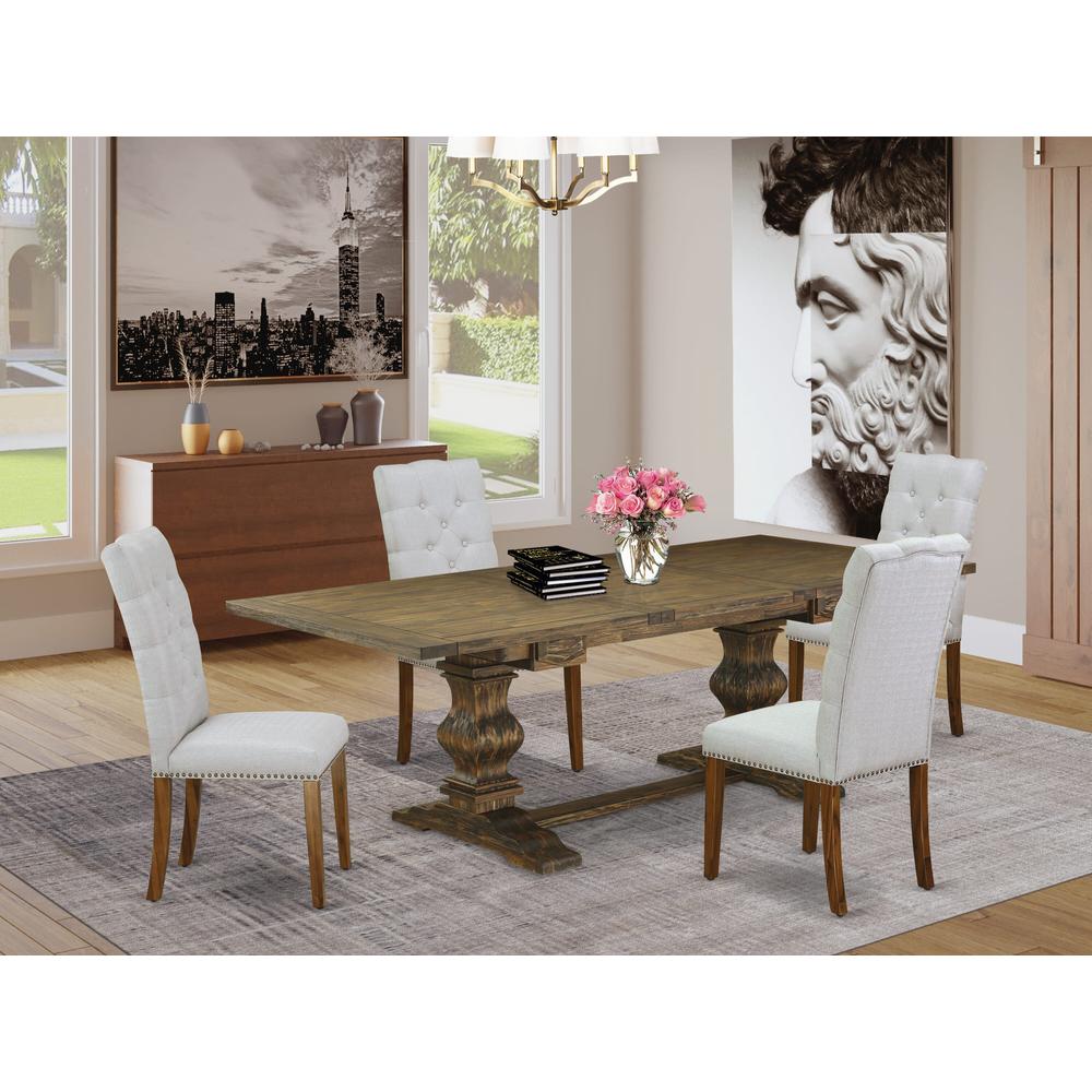 5-pc wood dining table set with Chair’s Legs and Modern Gray Linen Fabric. Picture 18