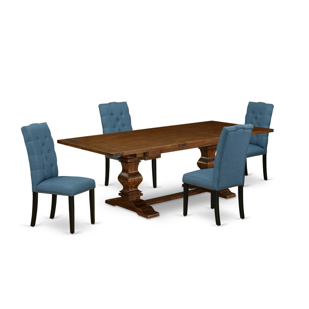 5 Piece Kitchen Table Set for 4 Includes a Rectangle Removable Leaf Dining Table and 4 Blue Linen Fabric Upholstered Chairs, 42x92 Inch, Walnut. Picture 1