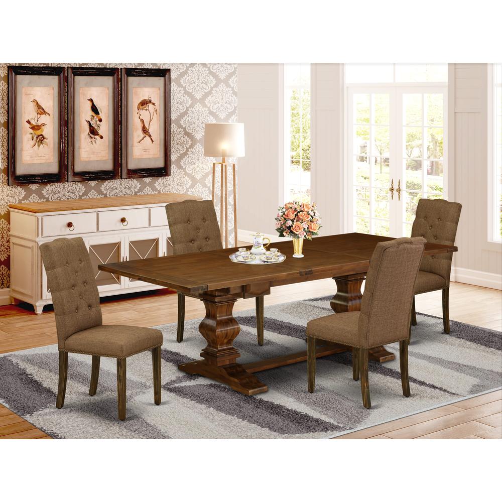 5 Piece Dining Set Includes a Rectangle Dining Room Table with Removable Leaf and 4 Brown Linen Linen Fabric Upholstered Chairs, 42x92 Inch, Walnut. Picture 2