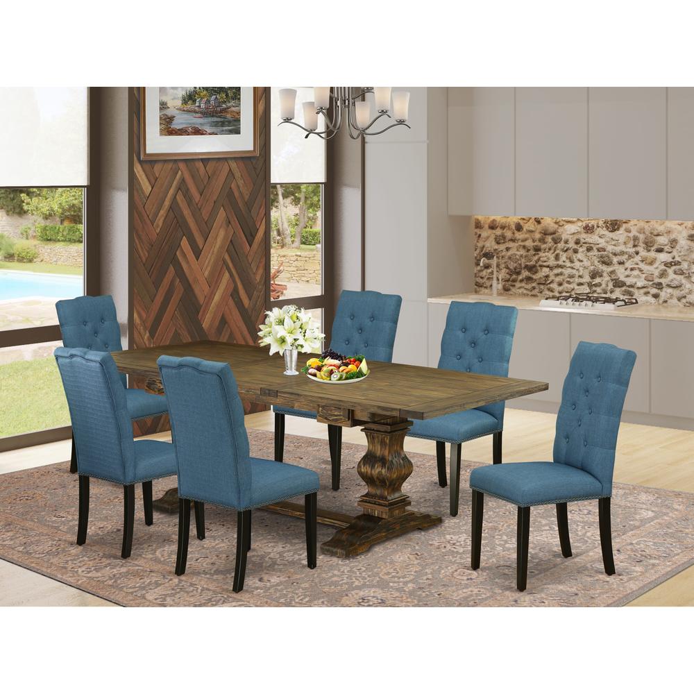 7-piece kitchen table set with Chair’s Legs and Mineral Blue Linen Fabric. Picture 18