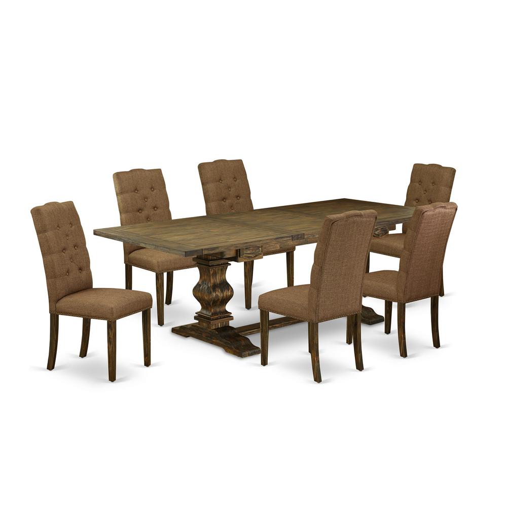 East West Furniture LAEL7-77-18 7 Piece Dining Set Consist of a Rectangle Dining Room Table with Removable Leaf and 6 Brown Linen Linen Fabric Upholstered Chairs, 42x92 Inch, Jacobean. Picture 1