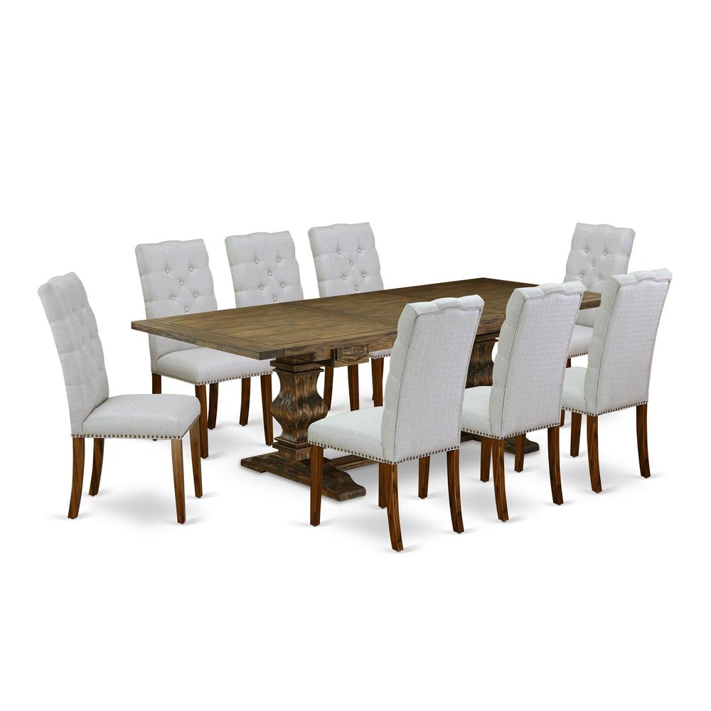 9 Piece Dining Set Includes a Rectangle Dining Room Table with Removable Leaf and 8 Grey Linen Fabric Upholstered Chairs, 42x92 Inch, Jacobean. Picture 1