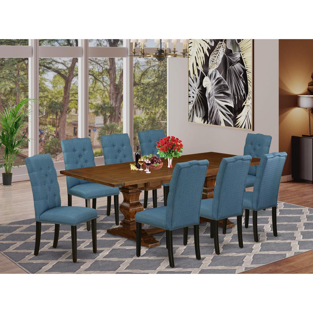 9-pc dining table set with Chair’s Legs and Mineral Blue Linen Fabric. Picture 13