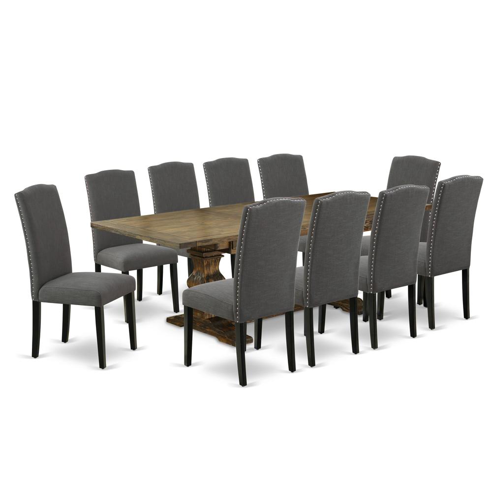 East West Furniture 11-Pc Mid Century Dining Set Includes a Wooden Table and 10 Dark Gotham Grey Linen Fabric Upholstered Chairs with High Back - Distressed Jacobean Finish. Picture 1