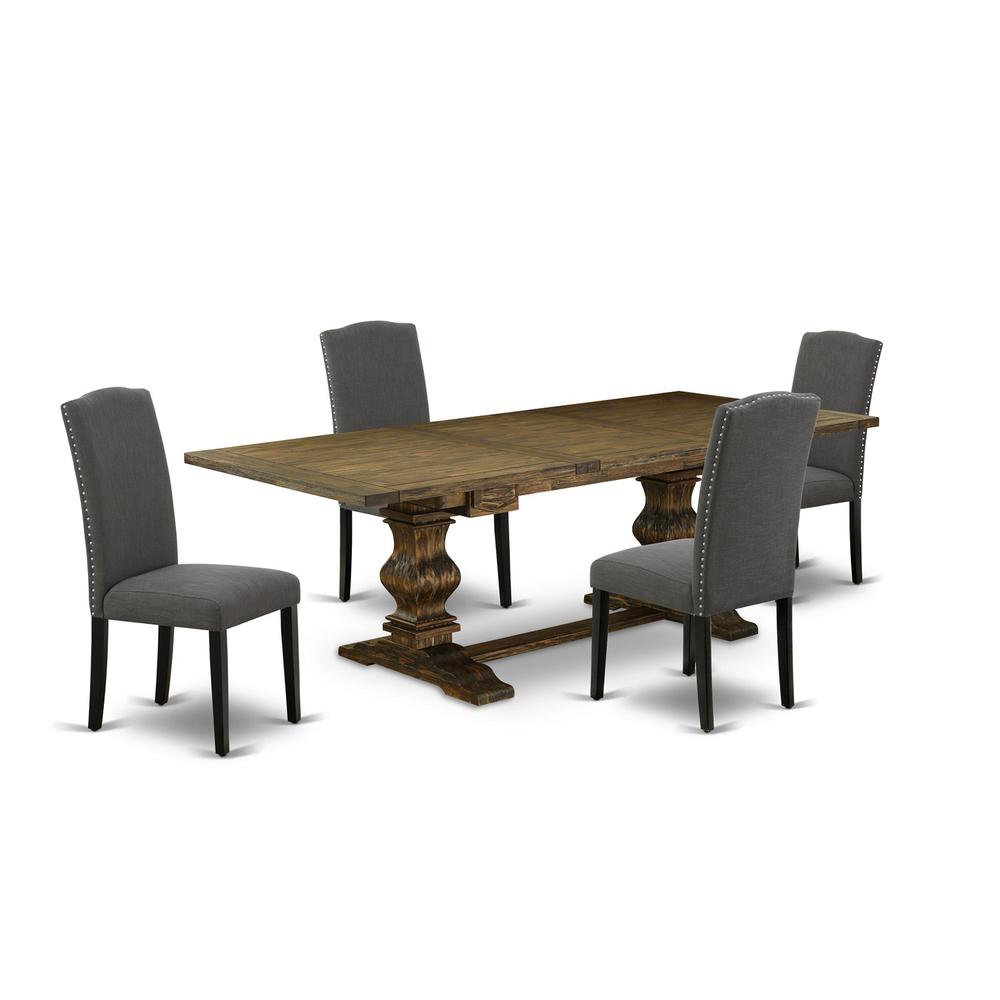 5 Piece Dining Set Includes a Rectangle Dining Room Table with Removable Leaf and 4 Dark Gotham Linen Fabric Upholstered Chairs, 42x92 Inch, Jacobean. Picture 1