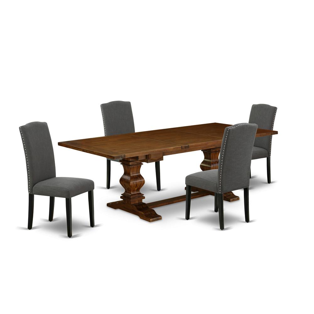 5 Piece Dining Table Set Includes a Rectangle Wooden Table with Removable Leaf and 4 Dark Gotham Linen Fabric Upholstered Chairs, 42x92 Inch, Walnut. Picture 1