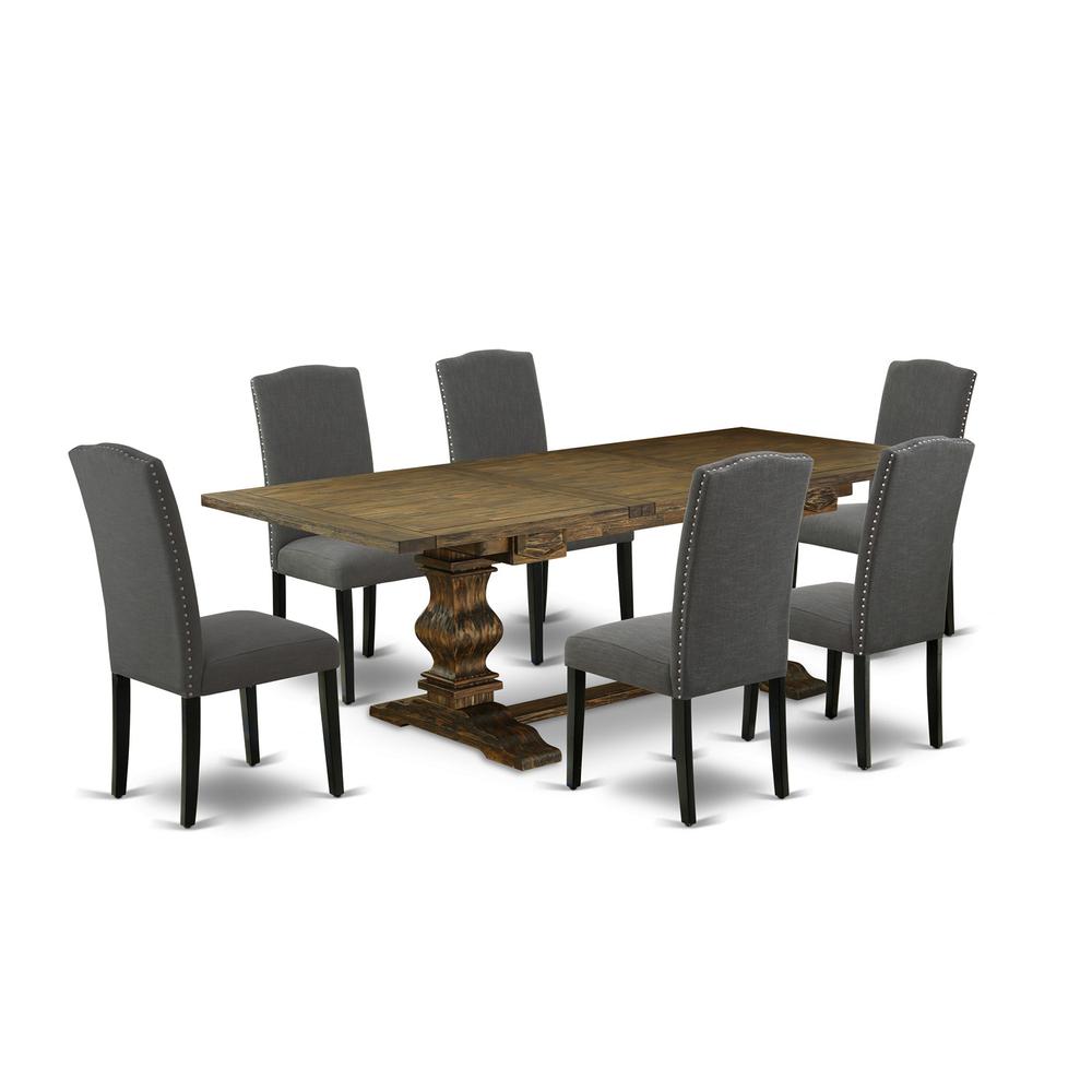 7 Piece Kitchen Table Set Consist of a Rectangle Dining Table with Removable Leaf and 6 Dark Gotham Linen Fabric Parson Chairs, 42x92 Inch, Jacobean. Picture 1