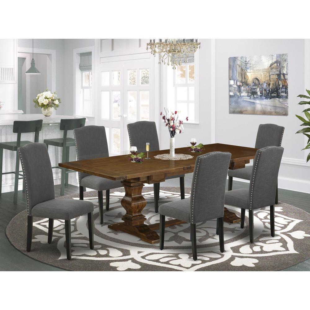 East West Furniture Lassale 7 Piece Dining Set Consist of a Rectangle Butterfly Leaf Table and 6 Dark Gotham Linen Fabric Upholstered Chairs, 42x92 Inch, Antique Walnut. Picture 2