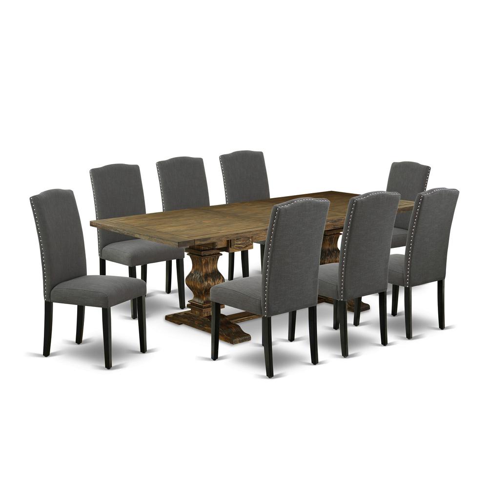 9 Piece Dining Room Table Set Includes a Rectangle Removable Leaf Kitchen Table and 8 Dark Gotham Linen Fabric Upholstered Chairs, 42x92 Inch, Jacobean. Picture 1