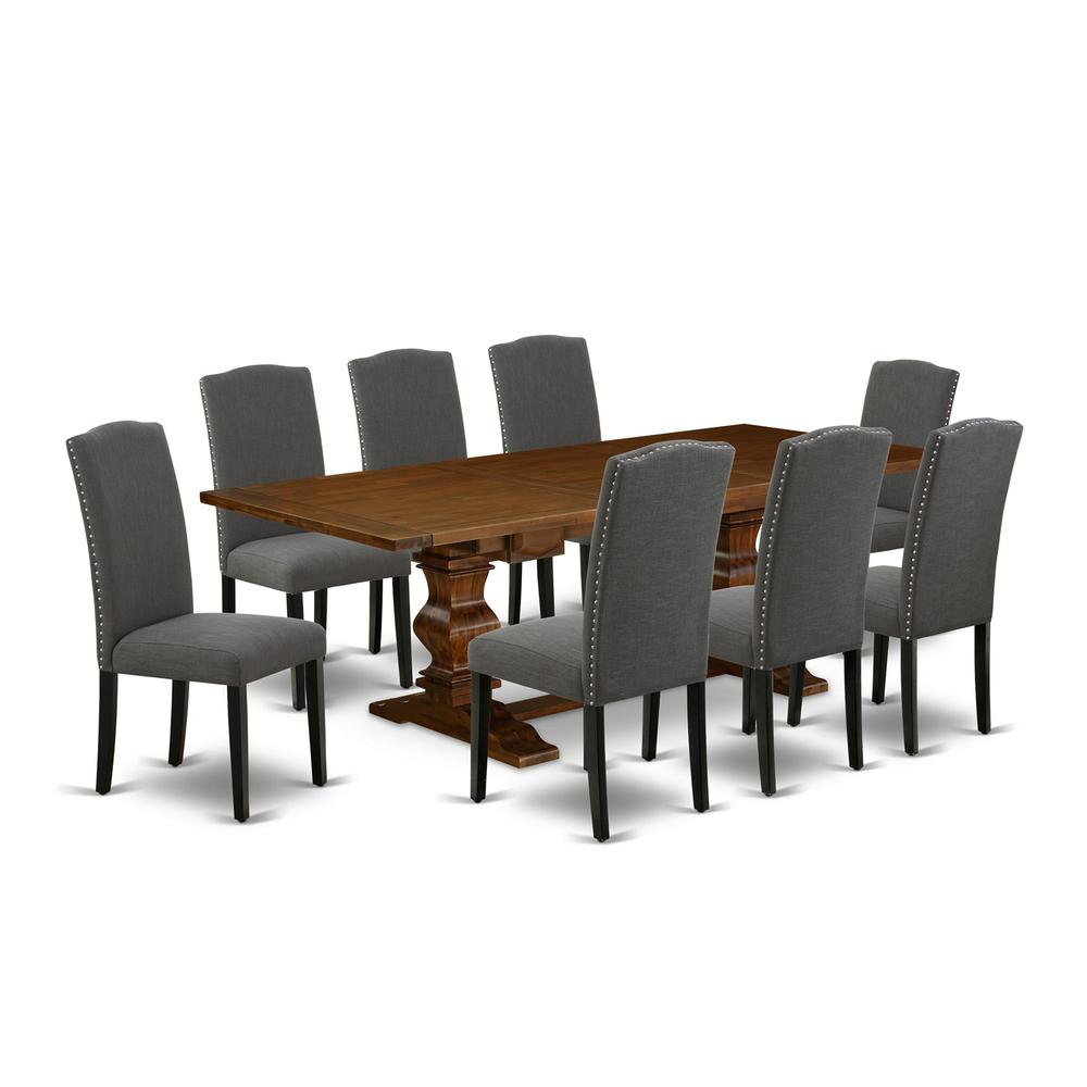 East West Furniture LAEN9-81-20 9 Piece Dining Room Table Set Includes a Rectangle Kitchen Table with Removable Leaf and 8 Dark Gotham Linen Fabric Parson Chairs, 42x92 Inch, Walnut. Picture 1