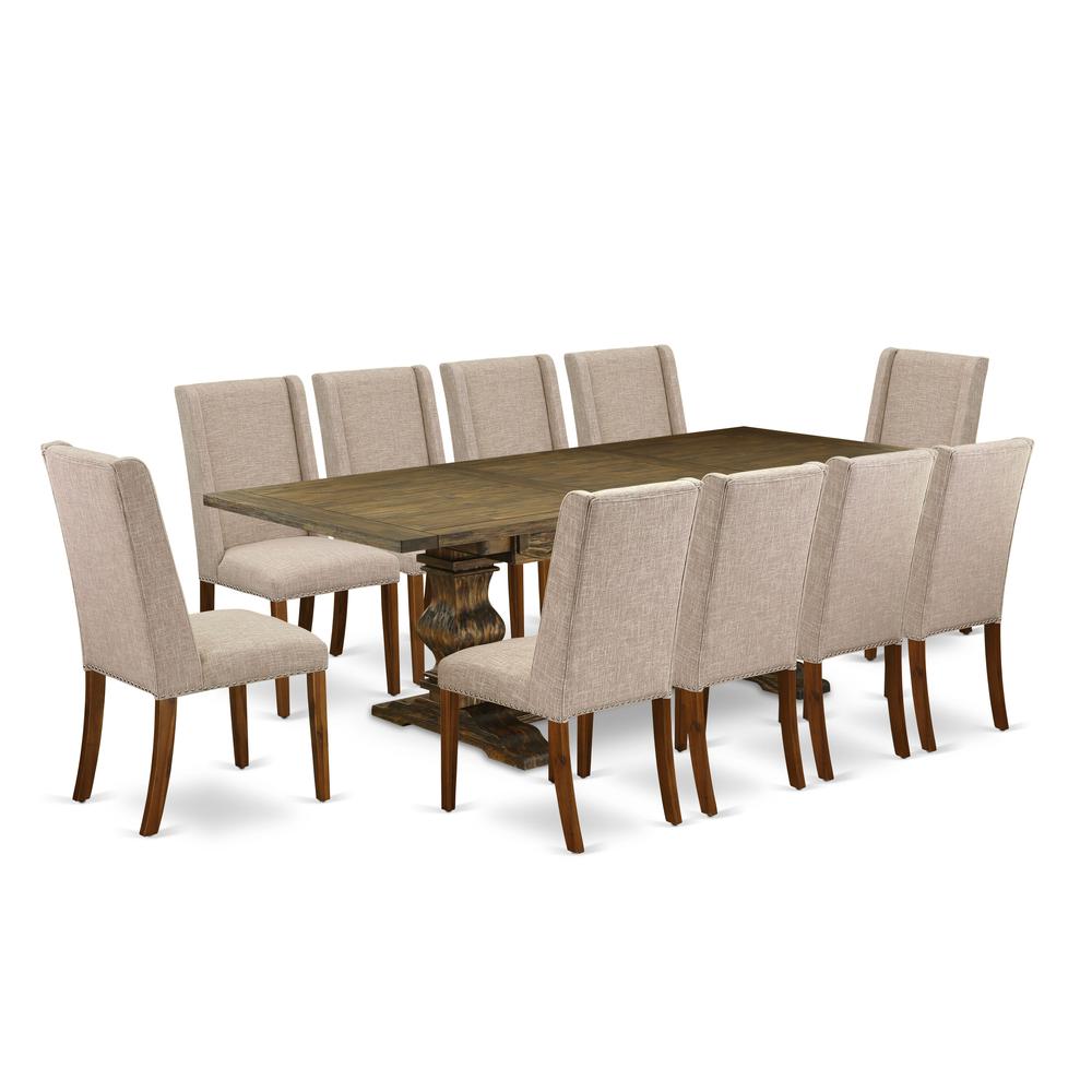 East West Furniture 11-Piece Dining Room Table Set Consists of a Rectangular Table and 10 Light Tan Linen Fabric Parson Chairs with High Back - Distressed Jacobean Finish. Picture 1