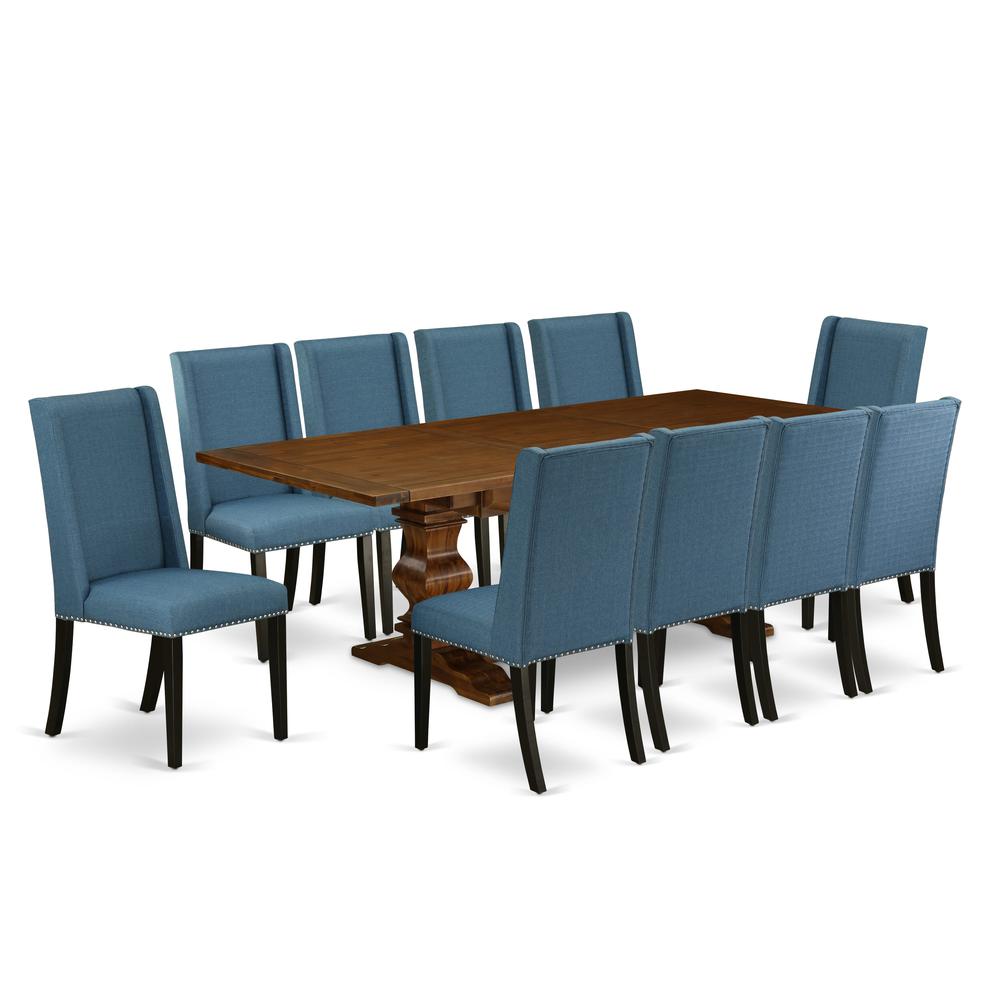 East West Furniture 11-Pieces Dining Set - A Butterfly Leaf Double Pedestal Modern Dining Table and 10 Blue Linen Fabric Dining Chairs with Stylish Chair Back- Antique Walnut Finish. Picture 1