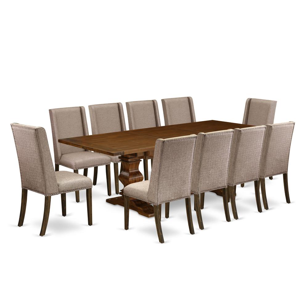 East West Furniture 11-Pieces Dining Room Set - A Butterfly Leaf Double Pedestal Kitchen Table and 10 Dark Khaki Linen Fabric Padded Chairs with Stylish High Back - Antique Walnut Finish. Picture 1