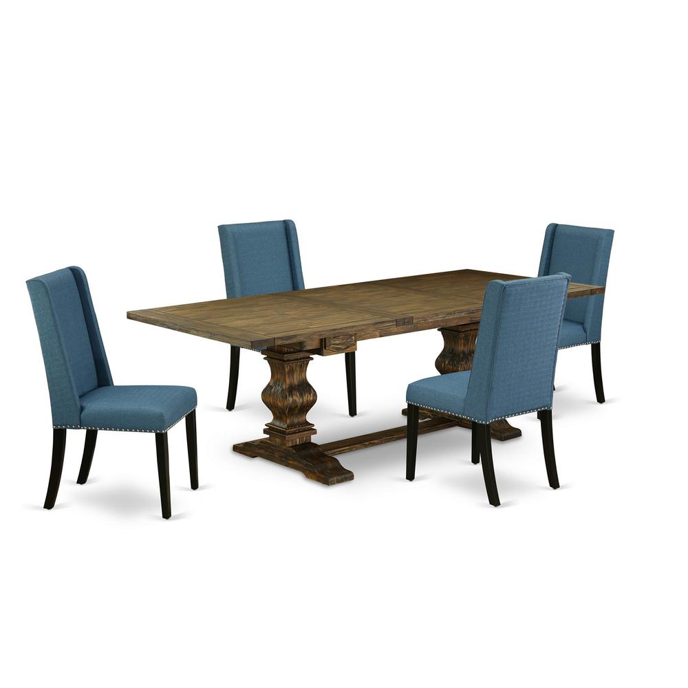 East West Furniture LAFL5-71-21 5 Piece Dining Table Set Includes a Rectangle Kitchen Table with Removable Leaf and 4 Blue Linen Fabric Parson Dining Chairs, 42x92 Inch, Jacobean. Picture 1