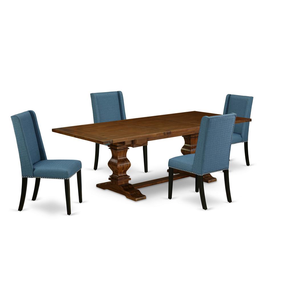 5 Piece Dinette Set Includes a Rectangle Dining Room Table with Removable Leaf and 4 Blue Linen Fabric Parsons Dining Chairs, 42x92 Inch, Walnut. Picture 1