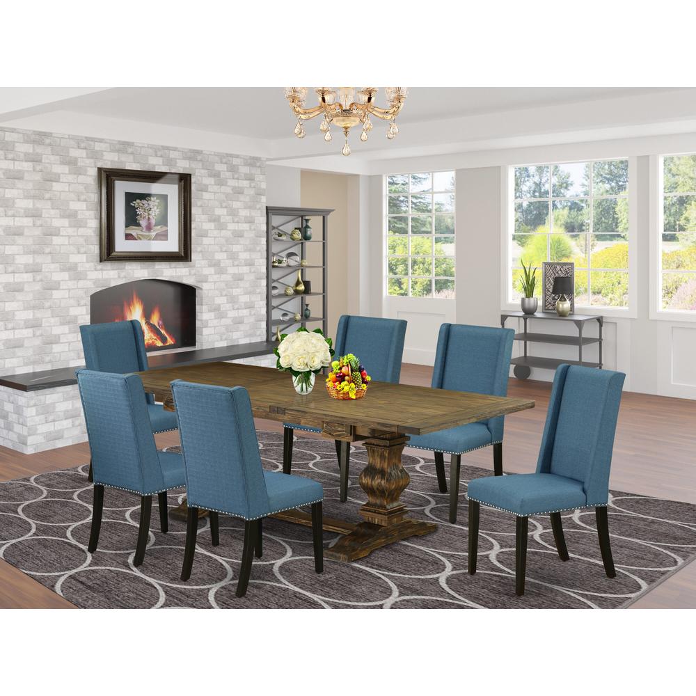 East West Furniture LAFL7-71-21 Lassale 7 Piece Dinette Set Consist of a Rectangle Room Table with Butterfly Leaf and 6 Blue Linen Fabric Parson Dining Chairs, 42x92 Inch, Jacobean. Picture 2
