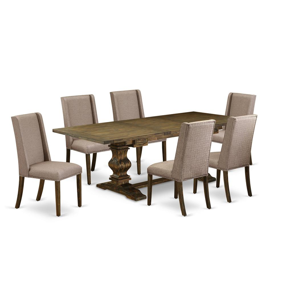 East West Furniture LAFL7-77-16 7 Piece Kitchen Table Set Consist of a Rectangle Dining Table with Removable Leaf and 6 Dark Khaki Linen Fabric Parsons Chairs, 42x92 Inch, Jacobean. Picture 1