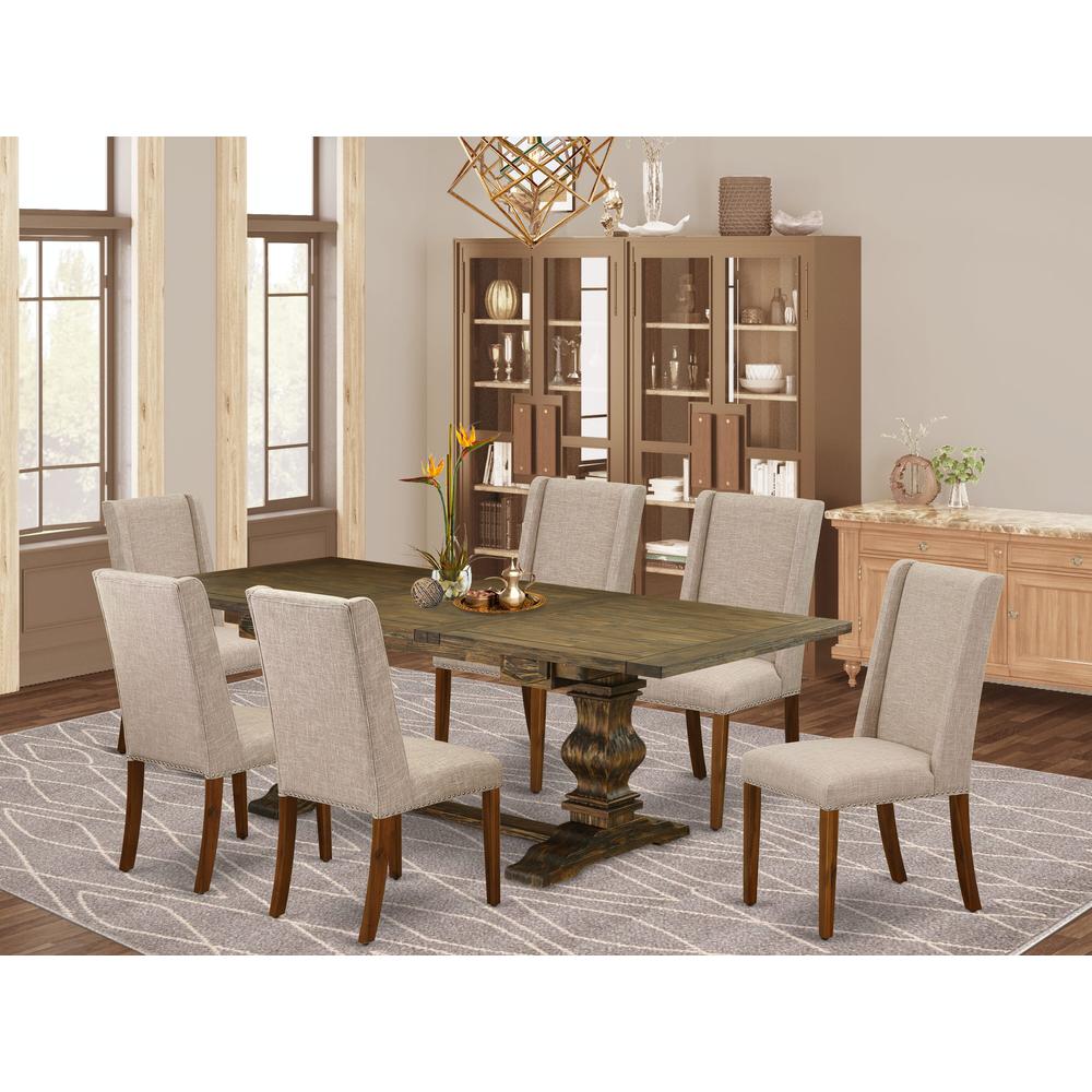 Lassale 7 Piece Dining Set Consist of a Rectangle Wooden Table with Butterfly Leaf and 6 Light Tan Linen Fabric Upholstered Chairs, 42x92 Inch, Jacobean. Picture 2