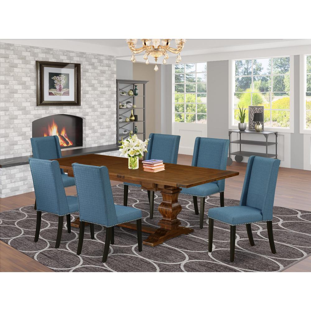 7-piece wood dining table set with Chair’s Legs and Mineral Blue Linen Fabric. Picture 13
