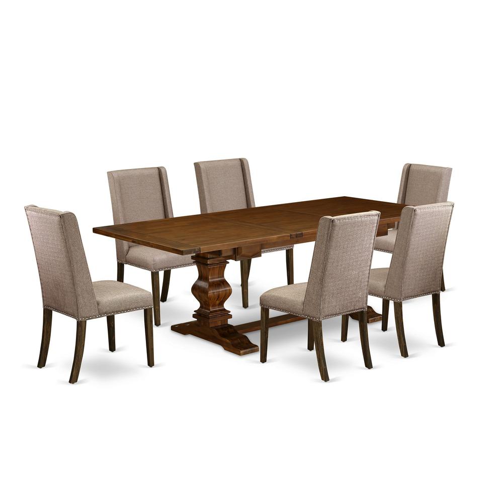 Lassale 7 Piece Set Consist of a Rectangle Dining Room Table with Butterfly Leaf and 6 Dark Khaki Linen Fabric Parson Chairs, 42x92 Inch, Walnut. Picture 1